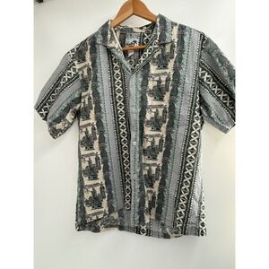 VTG 90s Paradise Style Hawaii King Kamehameha Statue Tribal Panel Shirt Men Med